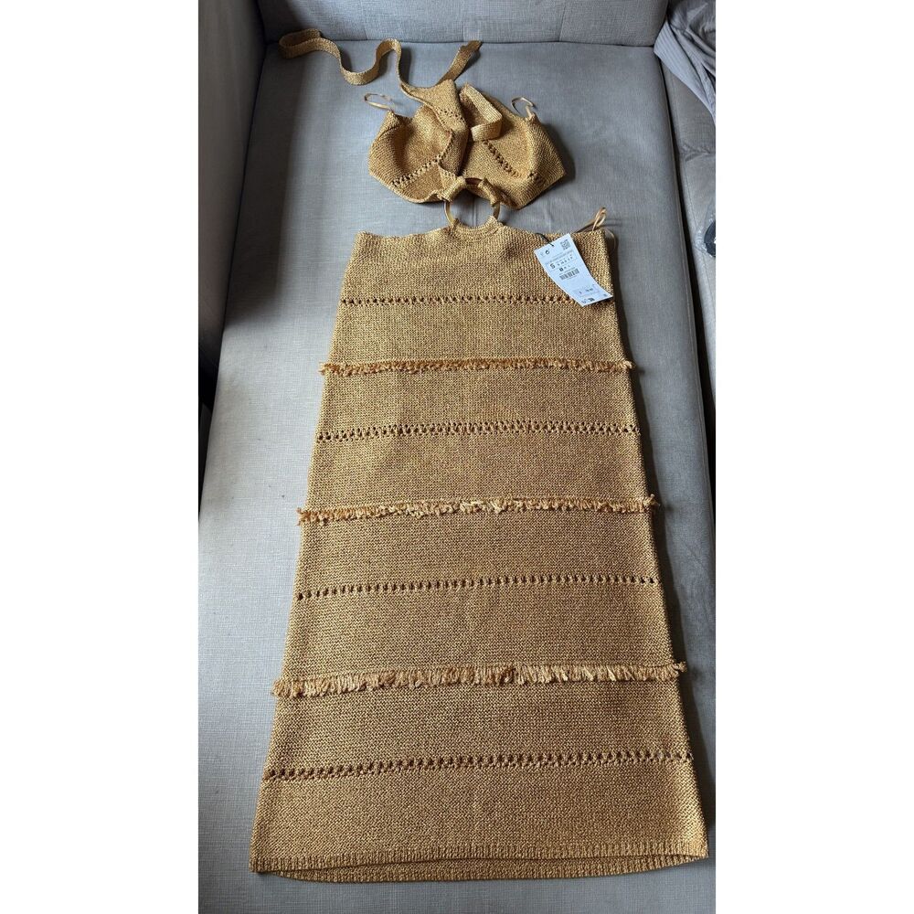 Zara Metallic Thread Knit Cutout Ring Halter Midi Dress Gold Brown Size S NWT